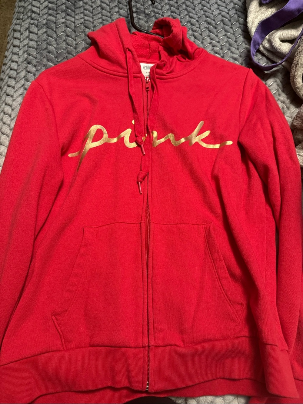PINK Victoria's Secret Red Zip Hoodie with Gold Script